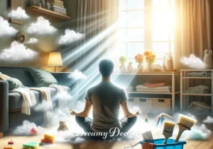 dream meaning cleaning house _ A final scene showing the person sitting contentedly in the now spotless and well-organized room, with sunlight streaming through the window. This reflects the sense of accomplishment and inner peace achieved after cleaning in the dream.