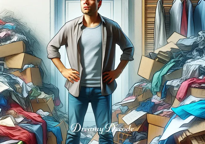 dream of cleaning house meaning _ A dreamer standing in a cluttered room, looking overwhelmed. There are piles of clothes, papers, and miscellaneous items scattered around. The dreamer