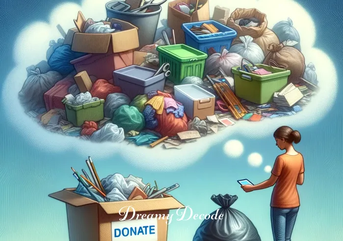 dream of cleaning house meaning _ The dreamer begins to sort through the clutter, organizing items into different piles. Some items are being placed into a box marked "Donate," others into a trash bag. This step represents the process of evaluating and prioritizing aspects of one