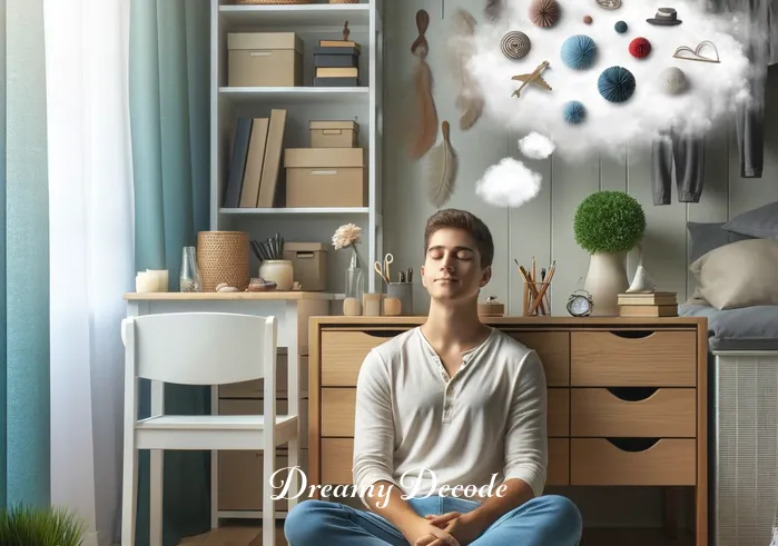 dream of cleaning house meaning _ The final scene shows the dreamer in a now tidy and well-organized room, sitting comfortably in a clean, well-lit space. They are relaxed, with a peaceful expression, symbolizing the achievement of mental clarity and emotional release after decluttering their environment.