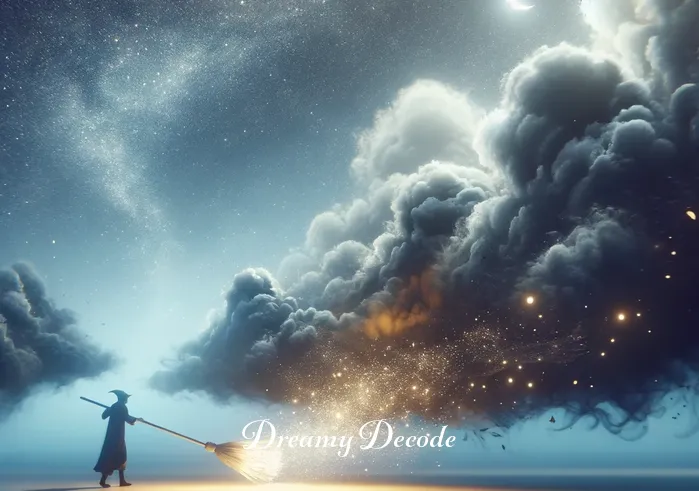 spiritual meaning of cleaning in a dream _ A person stands in a serene, dreamlike landscape, holding a broom made of light. They are sweeping away dark, murky clouds from the sky, symbolizing the cleansing of negative thoughts or emotions in a dream.