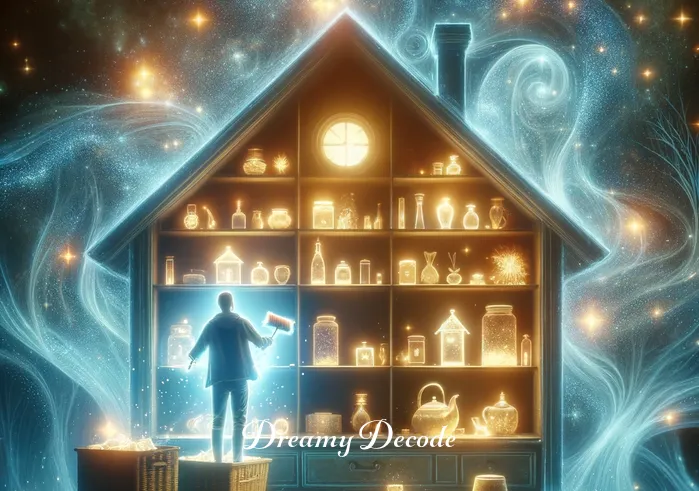 spiritual meaning of cleaning in a dream _ In the next scene, the individual is now inside a glowing, ethereal house, dusting off shelves filled with various glowing objects, representing the clearing of old memories or past experiences during a spiritual cleansing dream.