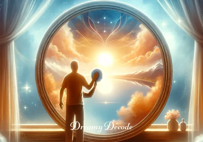 spiritual meaning of cleaning in a dream _ Now, the person is seen gently scrubbing a mirror that reflects a bright, peaceful landscape. This depicts the act of self-reflection and inner cleansing, a common theme in dreams about cleaning.