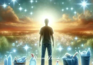 spiritual meaning of cleaning in a dream _ The final image shows the person standing in an open, luminous field, surrounded by sparkling clean items they've gathered from their cleaning journey. This symbolizes the feeling of renewal and clarity achieved after a spiritual cleaning in a dream.