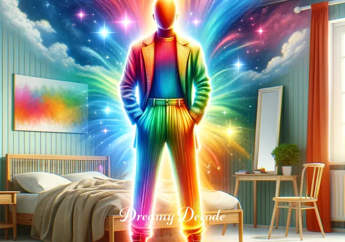 changing clothes dream meaning _ The person stands fully dressed in the colorful outfit, exuding confidence and satisfaction. The room around them appears brighter and more vibrant, reflecting the positive emotional state associated with making a significant personal change or finding a new aspect of oneself in a dream.