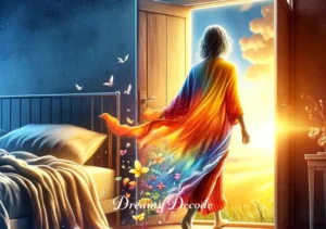 changing clothes dream meaning _ A final scene showing the person stepping out of the bedroom into a sunlit, open space, symbolizing a journey into a new phase of life or self-discovery. The colorful outfit stands out vividly against the natural background, emphasizing the fulfillment and freedom associated with embracing change in one's dream.