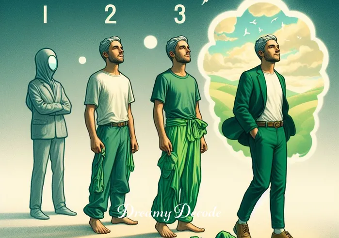 changing clothes in front of someone dream meaning _ The third image depicts the dreamer fully clothed in a new, green outfit, symbolizing renewal and growth. They stand confidently, having overcome the discomfort of change, with the observer now fading into the background, signifying the dreamer