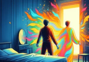 changing clothes in front of someone dream meaning _ The final scene shows the dreamer, now dressed in vibrant, multicolored attire, facing away from the mirror and towards an open window with a bright, inviting light. This signifies the dreamer's readiness to step into a new phase of life with confidence, having embraced change and personal evolution.