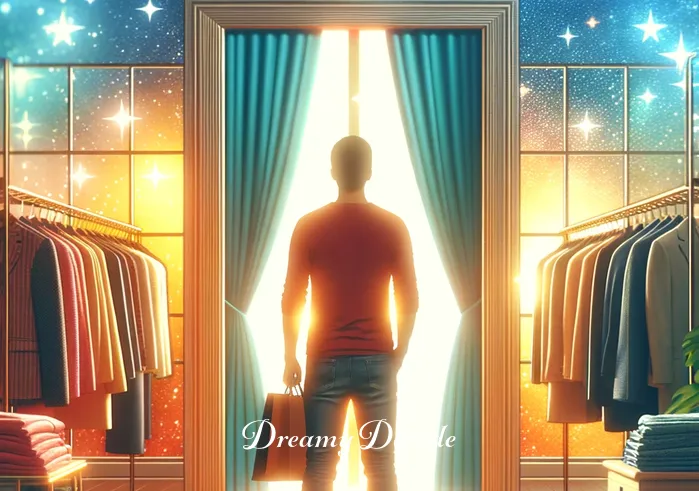 clothes shopping dream meaning _ A person standing at the entrance of a brightly lit, modern clothing store, looking excited but slightly overwhelmed. The store is filled with an array of colorful garments, symbolizing the vast choices and opportunities in a dream about clothes shopping.