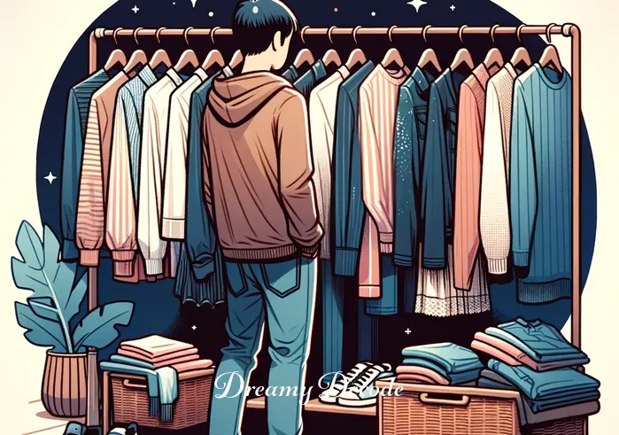 clothes shopping dream meaning _ Inside the store, the individual is seen carefully examining various pieces of clothing on racks, representing the process of exploring different aspects of oneself or one