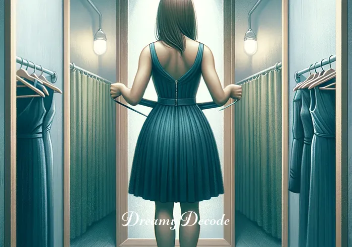 clothes shopping dream meaning _ The person is at the fitting room, trying on a dress that fits perfectly. This reflects the dream