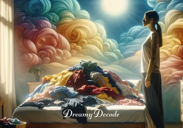dream meaning of washing clothes _ A dreamer stands in a tranquil, sunlit room, sorting through a pile of colorful clothes. The clothes are spread out on a bed, each item vivid and distinct. The dreamer