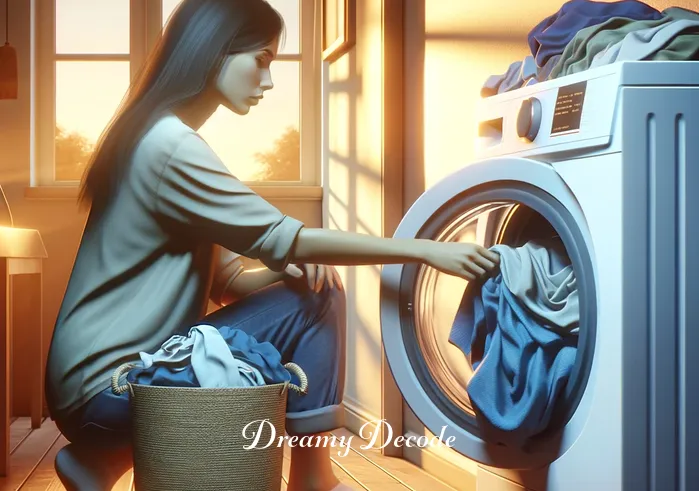 dream meaning of washing clothes _ The dreamer is now filling a washing machine with the sorted clothes. Gentle sunlight filters through a window, casting a warm glow on the scene. The washing machine is modern and clean, and the dreamer looks focused and methodical in their task.