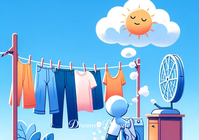 dream meaning of washing clothes _ The final step shows the dreamer hanging the freshly washed clothes on a clothesline outside. It's a bright, sunny day with a clear blue sky. The clothes sway gently in a soft breeze, and the dreamer looks satisfied, admiring their work with a sense of accomplishment.