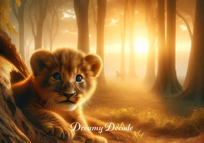baby lion dream meaning _ A serene forest scene at dawn, where a small, playful baby lion is seen emerging curiously from its den, its eyes wide with wonder and innocence, against a backdrop of soft, golden sunlight filtering through the trees.