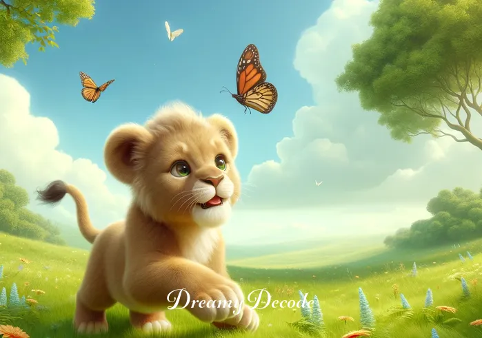 baby lion dream meaning _ A gentle scene on a lush, green meadow under a clear blue sky, where the baby lion is seen playfully chasing butterflies, symbolizing freedom and the joy of exploration in a safe, nurturing environment.