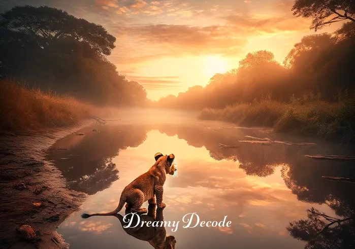 baby lion dream meaning _ A tranquil riverside setting at sunset, with the baby lion gazing at its reflection in the water, representing a moment of self-discovery and introspection, surrounded by the calming sounds of nature.