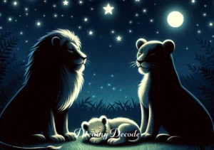 baby lion dream meaning _ A starlit night in the forest, with the baby lion safely nestled between its parents, symbolizing protection, familial bonds, and the comfort of being guided and cared for in the journey of life.