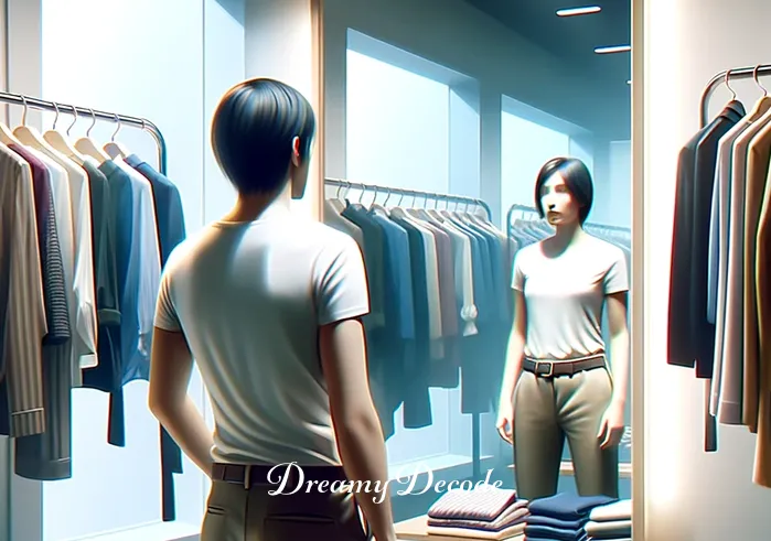 dream meaning shopping for clothes _ A person stands in front of a clothing store, looking at the display window with interest. The window showcases a variety of fashionable clothes, with mannequins dressed in stylish outfits. The person appears contemplative, symbolizing the beginning of a journey of self-discovery through clothes shopping in a dream.