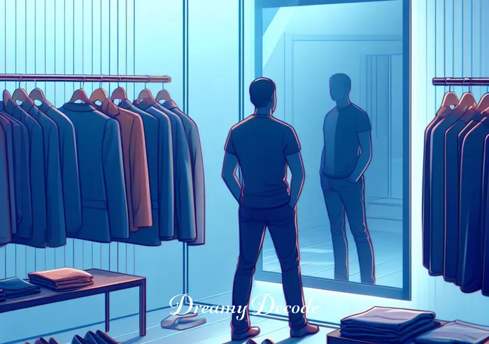 dream meaning shopping for clothes _ The person is in a fitting room, trying on a selection of clothes. They are looking at themselves in a mirror, with various outfits laid out. This moment captures the decision-making process and the reflection of one