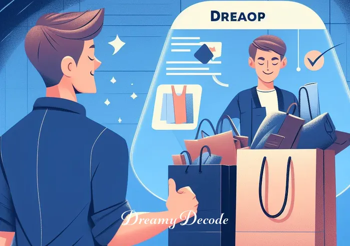 dream meaning shopping for clothes _ The person stands at the checkout counter, holding shopping bags filled with newly purchased clothes. They are smiling, indicating a sense of satisfaction and accomplishment. This image represents the conclusion of the dream journey, symbolizing fulfillment and the realization of personal choices.
