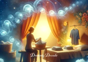 dream meaning washing clothes _ A dreamlike illustration of a person folding clean, fresh-smelling clothes, surrounded by a warm, glowing light, representing the sense of accomplishment and tranquility in dreams related to the completion of washing clothes.