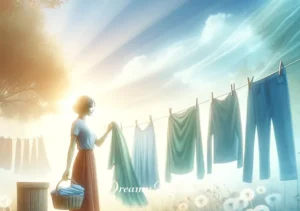 dream meaning washing clothes by hand _ The final image shows the person hanging the freshly washed clothes in the sunshine, a serene smile on their face. This scene symbolizes the completion of an emotional journey, often interpreted in dreams as reaching a state of peace and contentment after a period of introspection and hard work.