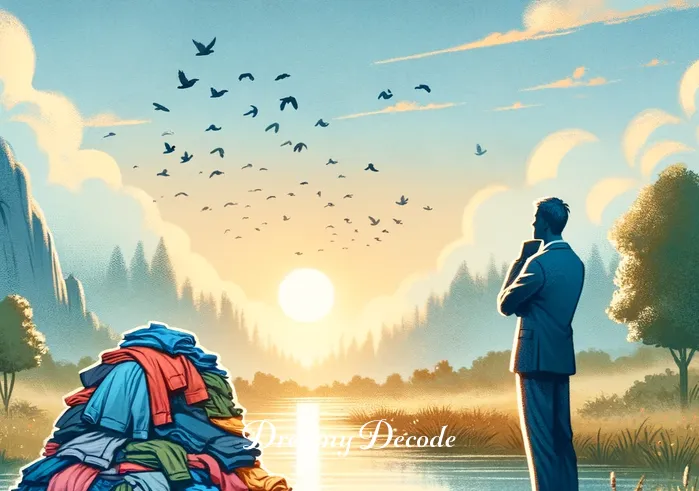 hand washing clothes dream meaning _ A person standing beside a river in a serene landscape, dreamily staring at a pile of colorful clothes at their feet. The scene exudes a peaceful atmosphere, with birds flying in the background and the sun setting, casting a soft glow over the landscape.