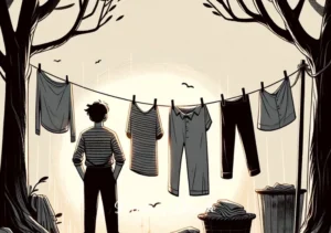hand washing clothes dream meaning _ Finally, the clothes are hung on a makeshift clothesline between two trees. The person steps back, admiring their work with a contented smile. The background shows the sun now lower in the sky, casting long shadows and giving a sense of accomplishment and tranquility.