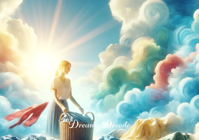 hanging washed clothes in dream meaning _ A dream scene showing a bright, sunny sky with fluffy clouds, where a person is smiling as they collect freshly washed laundry from a basket. The clothes are vibrant and clean, fluttering slightly in a gentle breeze.