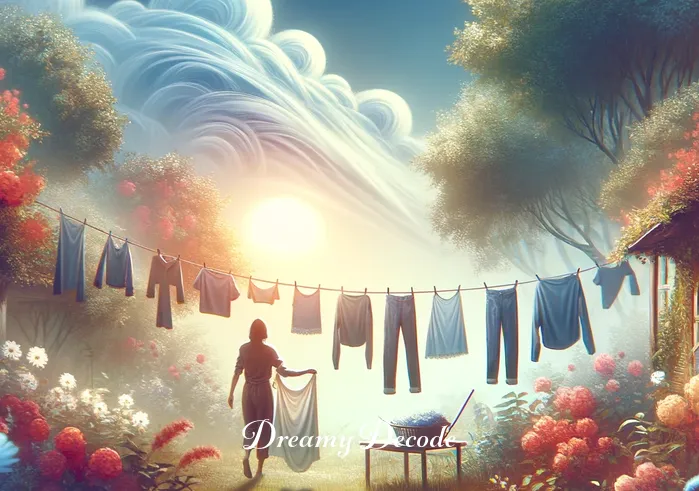 hanging washed clothes in dream meaning _ In a dream, a person is hanging washed clothes on a line in a serene garden. The clothes, ranging from shirts to pants, are swaying peacefully in the wind, surrounded by blooming flowers and greenery.