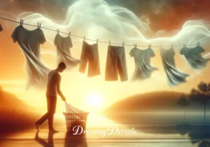 hanging washed clothes in dream meaning _ The final scene in a dream, showing the clothes now dry, dancing lightly in a soft breeze. The person is removing them from the line, folding them neatly, with a background of a setting sun casting a warm glow over the serene scene.