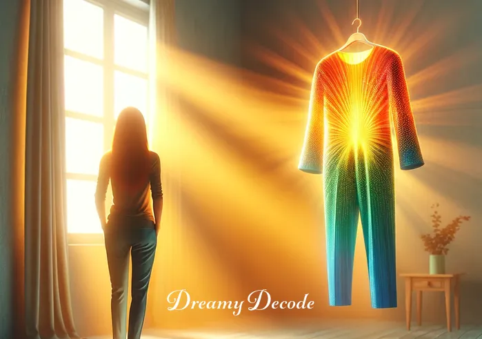 meaning of seeing new clothes in dream _ A dreamer stands in a serene, sunlit room, gazing at a radiant, brand-new outfit on a hanger. The clothes gleam with vibrant colors, symbolizing a fresh start or a new chapter in life, as suggested by the article on interpreting new clothes in dreams.