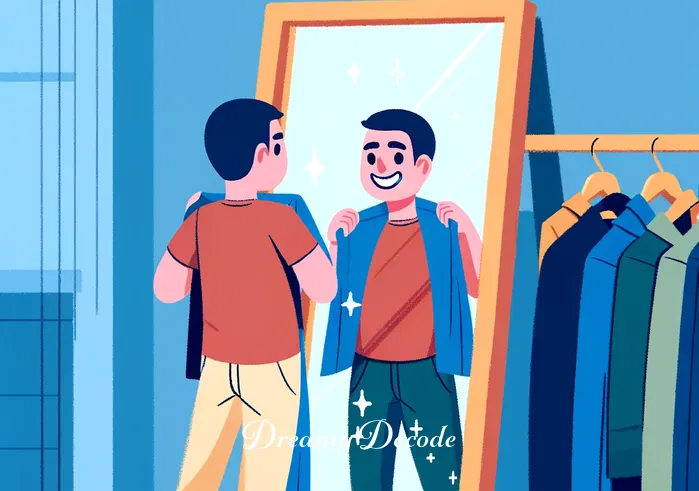 meaning of seeing new clothes in dream _ The dreamer is now trying on the new outfit, reflecting in a full-length mirror. Their expression is one of joy and confidence, representing personal growth and positive change, aligning with the article
