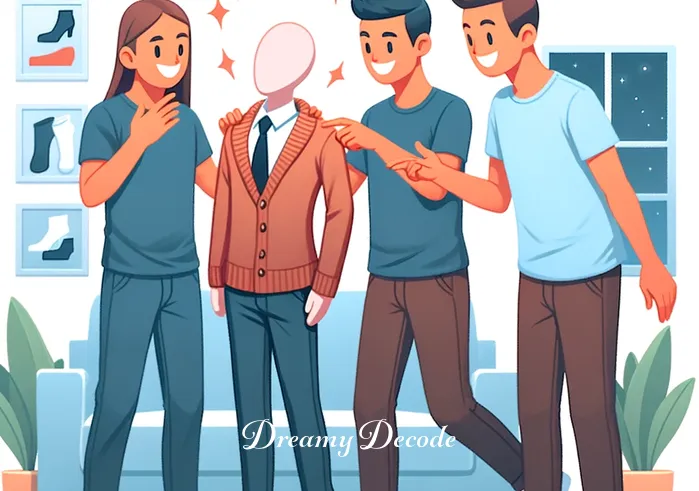 meaning of seeing new clothes in dream _ The final image shows the dreamer meeting friends, who are admiring the new outfit. This social interaction signifies acceptance and improved self-image, resonating with the article's perspective on the significance of seeing new clothes in dreams.