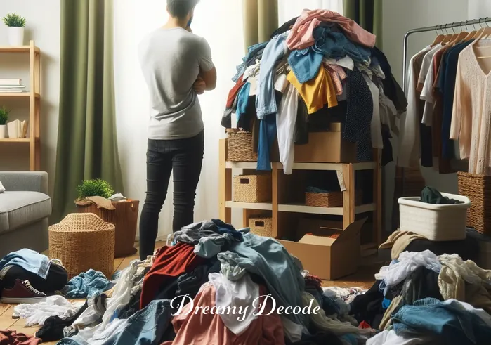 pile of clothes dream meaning _ A person standing in a cluttered room, looking contemplatively at a large pile of assorted clothes scattered on the floor. The room is brightly lit and the clothes vary in color and style, suggesting a mix of different life stages or memories.