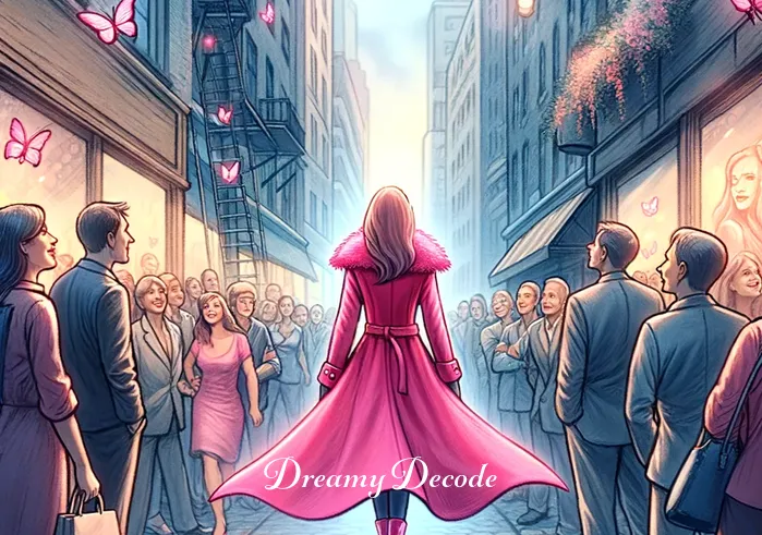 pink clothes dream meaning _ The dreamer, now wearing a soft pink sweater, looks at their reflection in a large mirror. The reflection shows them smiling, representing a growing sense of self-love and acceptance in the dream narrative.