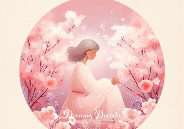 pink clothes dream meaning _ The final image shows the dreamer sitting peacefully in a blooming garden, clad in a light pink dress, surrounded by pink flowers. This serene setting signifies the culmination of their journey, embracing inner peace and joy in their personal growth.