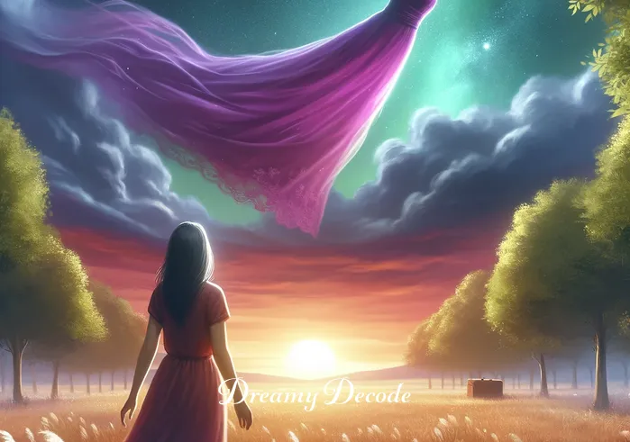 purple clothes dream meaning _ A dreamer standing in a tranquil meadow, gazing at a vibrant purple dress that appears in the sky, symbolizing an unexpected but welcome change.
