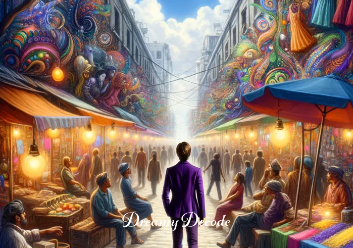 purple clothes dream meaning _ The dreamer now wears the purple dress, feeling a sense of empowerment and confidence, as they walk through a bustling, colorful market.