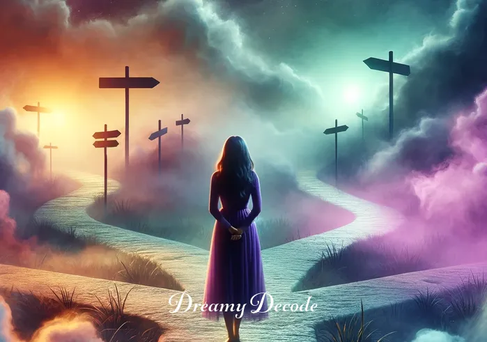 purple clothes dream meaning _ The scene shifts to the dreamer at a crossroads, still in the purple dress, pondering different paths surrounded by a misty aura, signifying important life choices ahead.