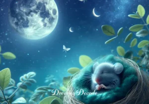baby mice dream meaning _ A serene dream closure, showing the baby mice sleeping peacefully in a soft, moonlit nest made of leaves and twigs, reflecting comfort, safety, and the end of the dream journey.