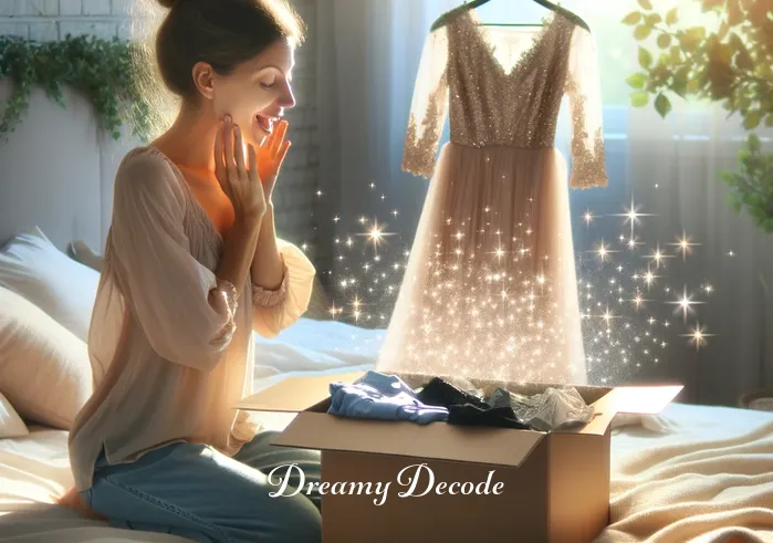 receiving new clothes in a dream meaning _ A dreamer, standing in a serene and softly lit bedroom, looks with surprise and joy at a box of new clothes appearing magically before them. The room is bathed in a gentle morning light, and the clothes in the box range from elegant dresses to casual wear, all sparkling new and folded neatly.