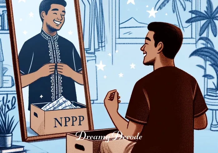 receiving new clothes in a dream meaning _ In the next scene, the dreamer is trying on a stylish new outfit from the box. They stand in front of a large mirror in the same bedroom, smiling as they admire themselves. The outfit is a perfect fit, reflecting a sense of confidence and renewal.
