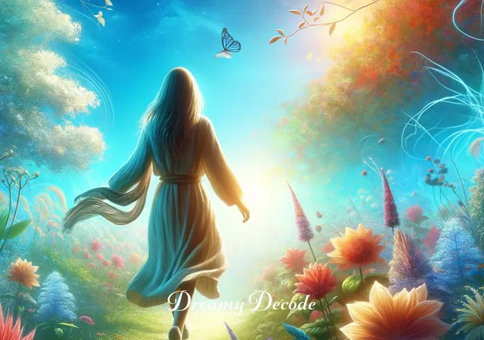 receiving new clothes in a dream meaning _ The third image shows the dreamer walking through a dreamlike, lush garden, wearing the new clothes. They are surrounded by vibrant flowers and a clear blue sky, symbolizing freedom and transformation. The clothes add to their radiance and harmony with the surroundings.