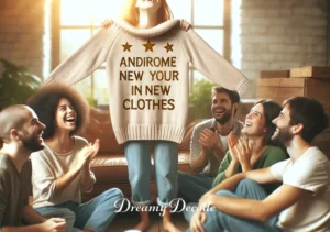 receiving new clothes in a dream meaning _ In the final scene, the dreamer is sharing the joy of their new attire with friends in the dream. They are gathered in a cozy, sunlit room, laughing and chatting. The dreamer's new clothes are admired by all, symbolizing acceptance and positive change in the dreamer's life.