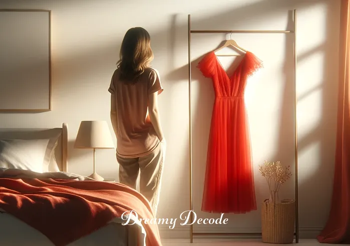 red clothes dream meaning _ A person standing in a serene bedroom, looking contemplatively at a vibrant red dress hanging in the closet. The room is bathed in soft morning light, and the red dress stands out distinctly against the neutral colors of the room, suggesting a sense of excitement or change.