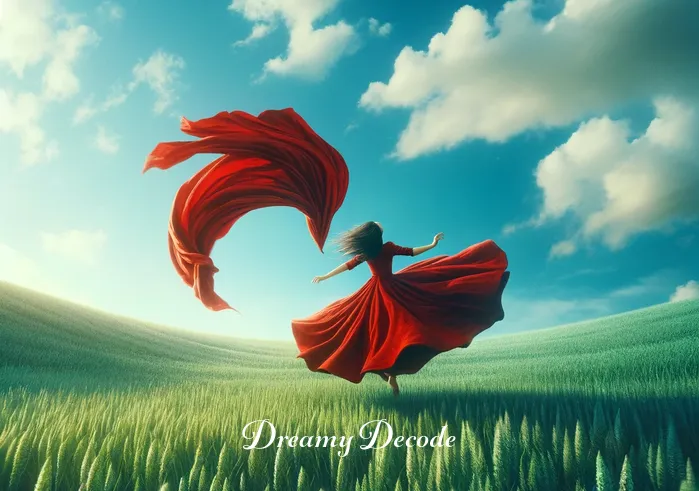 red clothes dream meaning _ A dream sequence depicting the same person wearing the red dress, now standing in a lush, green field under a clear blue sky. The scene conveys a feeling of freedom and joy, with the person spinning around, the dress billowing out around them.