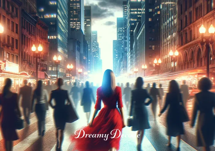 red clothes dream meaning _ The dream shifts to a bustling city street at dusk, where the person in the red dress is confidently navigating through a crowd of people. The city lights create a vibrant backdrop, emphasizing the red dress as a symbol of boldness and self-expression.