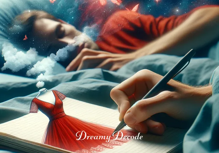 red clothes dream meaning _ The final scene returns to reality, showing the person awake and jotting down notes in a journal, with the red dress in the background. This image conveys a sense of introspection and the importance of understanding one's dreams, highlighting the red dress as a key element in their dream exploration.